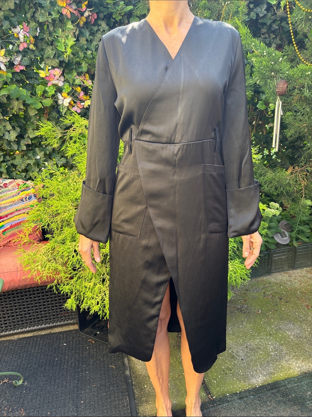 Pinkyotto Black Satin-Look Wrap Midi Dress